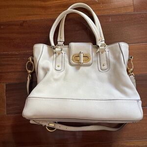 Ann Taylor Off-White Cream Leather Tote with Gold Accents